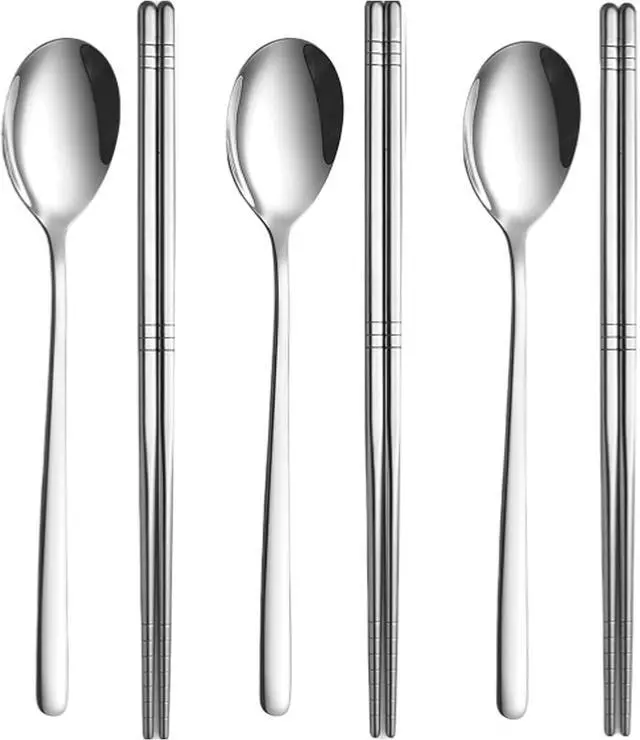 Main image of Chopsticks and Spoon Set, 3 Pairs Stainless Steel Metal Chopsticks Spoons, 3 Sets Korean Long Handle Spoons and Chop Sticks Reusable for Home, Kitchen or Restaurant