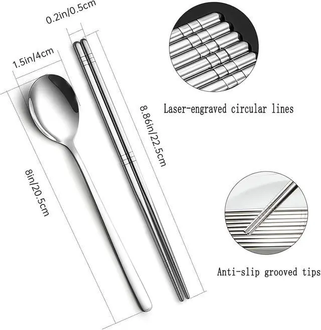 Alt view image 2 of 7 - Chopsticks and Spoon Set, 3 Pairs Stainless Steel Metal Chopsticks Spoons, 3 Sets Korean Long Handle Spoons and Chop Sticks Reusable for Home, Kitchen or Restaurant