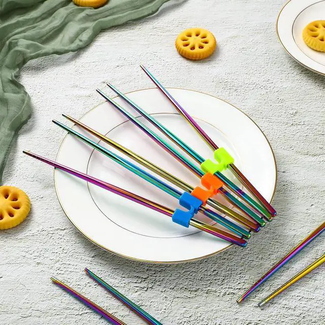 Alt view image 7 of 7 - 5 Pairs Training Chopsticks Helpers, Stainless Steel, Colorful | Stainless Steel Non-slip Training Chopstick for Beginner Replaceable Practice Chopsticks Adults Learner, Colorful