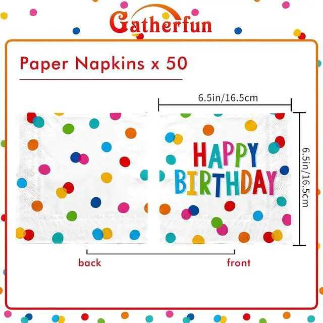 Alt view image 2 of 7 - Happy Birthday Party Supplies - Dots Design, Featuring Napkins, Suitable for Adults & Kids (6.5x6.5 in, 3-Ply Disposable, 50-Pack)