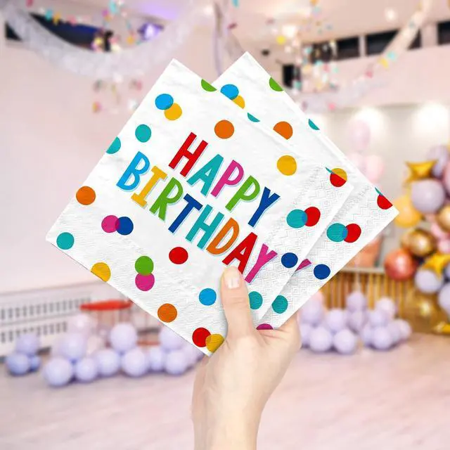 Alt view image 7 of 7 - Happy Birthday Party Supplies - Dots Design, Featuring Napkins, Suitable for Adults & Kids (6.5x6.5 in, 3-Ply Disposable, 50-Pack)