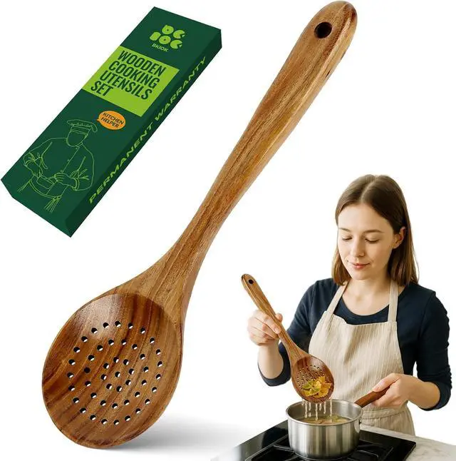 Main image of Bkiok Wooden Strainer Spoon for Cooking, Durable Wooden Slotted Spoons, Handmade Colander Spoons,Teak Wood Skimmer