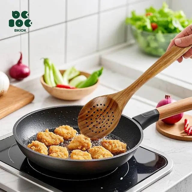 Alt view image 5 of 7 - Bkiok Wooden Strainer Spoon for Cooking, Durable Wooden Slotted Spoons, Handmade Colander Spoons,Teak Wood Skimmer