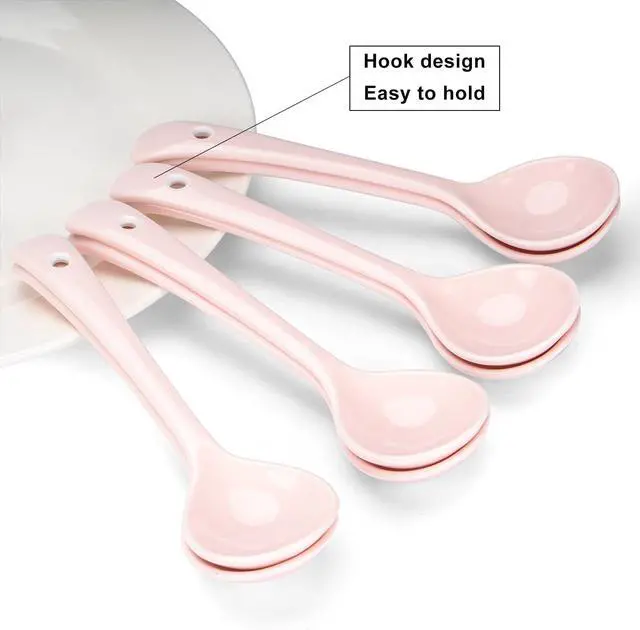 Alt view image 5 of 6 - Ceramic Spoons Set of 4, Ceramic Chinese Soup Spoon, Asian Soup Spoons, White/Blue/Yellow/Pink Japanese Spoon Large for Ramen Pho Wonton Dumpling Miso, Deep Oval Hook Design (4, Pink)