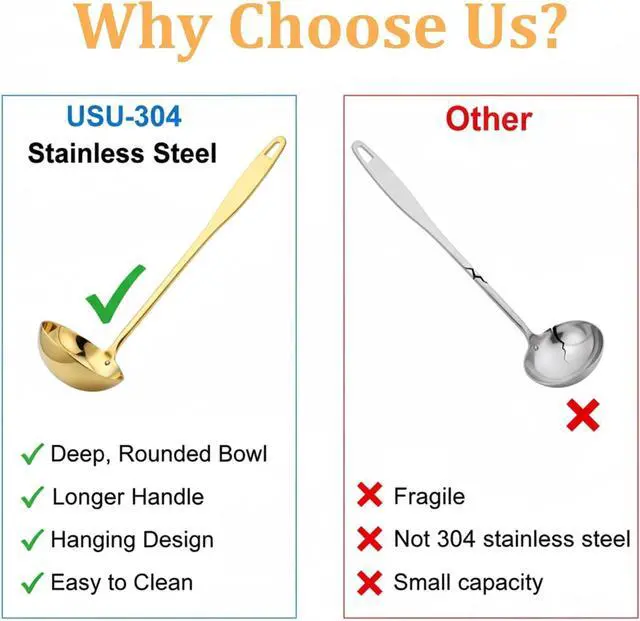 Alt view image 3 of 7 - Gold Ladle, 304 Stainless Steel Gold Ladle 11.4" Long Handle Kitchen Metal Ladel Large Serving Spoon for Cooking, Serving, Stirring, Canning