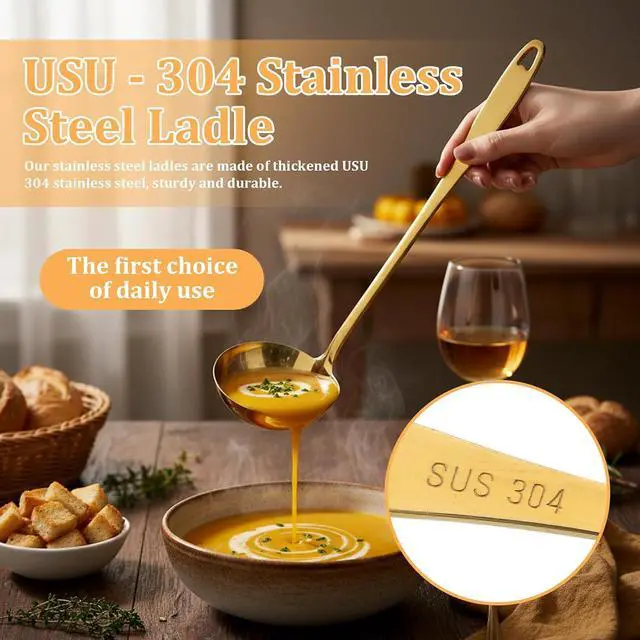 Alt view image 5 of 7 - Gold Ladle, 304 Stainless Steel Gold Ladle 11.4" Long Handle Kitchen Metal Ladel Large Serving Spoon for Cooking, Serving, Stirring, Canning