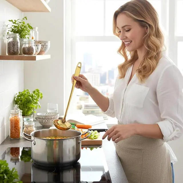 Alt view image 7 of 7 - Gold Ladle, 304 Stainless Steel Gold Ladle 11.4" Long Handle Kitchen Metal Ladel Large Serving Spoon for Cooking, Serving, Stirring, Canning