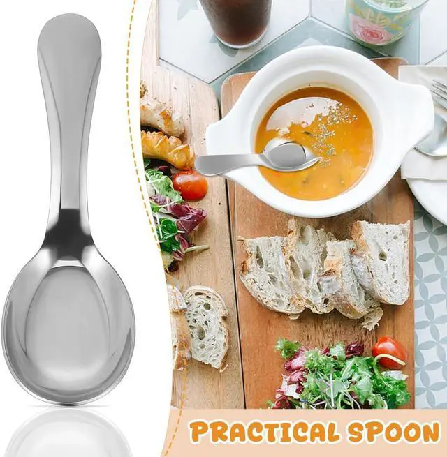 Alt view image 4 of 7 - LALAFINA Asian Soup Spoons, 2Pcs Stainless Steel Small Soup Spoons | for Toddlers and Adults, Short Handle Ramen Rice Dessert Wonton Pho, Silver, 4.6in