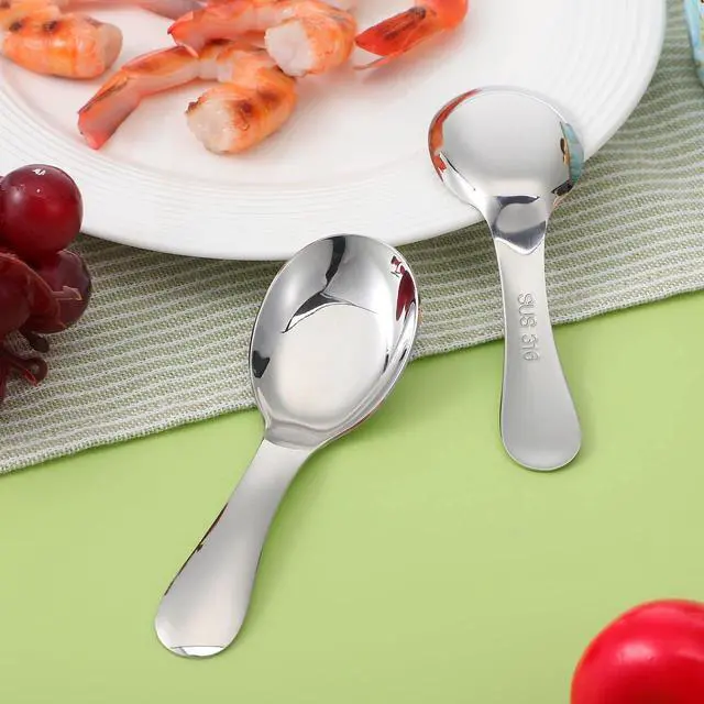 Alt view image 7 of 7 - LALAFINA Asian Soup Spoons, 2Pcs Stainless Steel Small Soup Spoons | for Toddlers and Adults, Short Handle Ramen Rice Dessert Wonton Pho, Silver, 4.6in