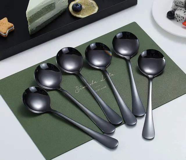 Alt view image 2 of 7 - Kyraton 6-Piece Stainless Steel Round Spoons - Black Titanium Plated, Dishwasher Safe