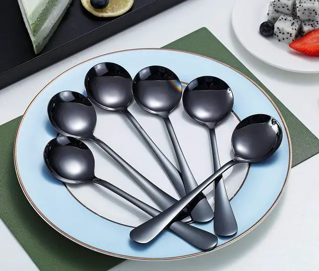 Alt view image 3 of 7 - Kyraton 6-Piece Stainless Steel Round Spoons - Black Titanium Plated, Dishwasher Safe