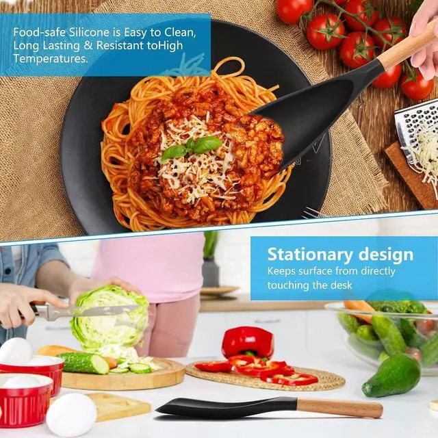 Alt view image 3 of 7 - 2 Pcs Wooden Handle Silicone Cooking Spoon Set for Nonstick Cookware Cooking, Baking, Stirring BPA-Free Heat-Resistant Spatula for Mixing, Flipping, Scraping (2 Pcs Black)