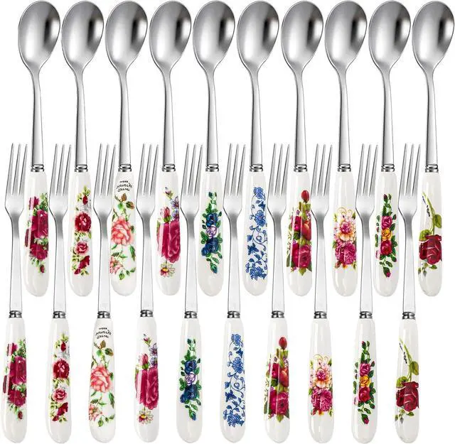 Main image of Nicunom 20 Pcs Dessert Forks and Spoons Silverware Set, Stainless Steel Mini Fork Spoon with Ceramic Handle, Floral Design Tea Coffee Spoon Cake Fruit Fork for Dessert, Appetizers, Salad