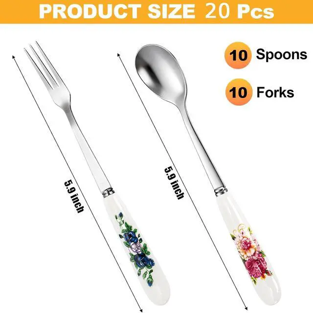 Alt view image 2 of 7 - Nicunom 20 Pcs Dessert Forks and Spoons Silverware Set, Stainless Steel Mini Fork Spoon with Ceramic Handle, Floral Design Tea Coffee Spoon Cake Fruit Fork for Dessert, Appetizers, Salad