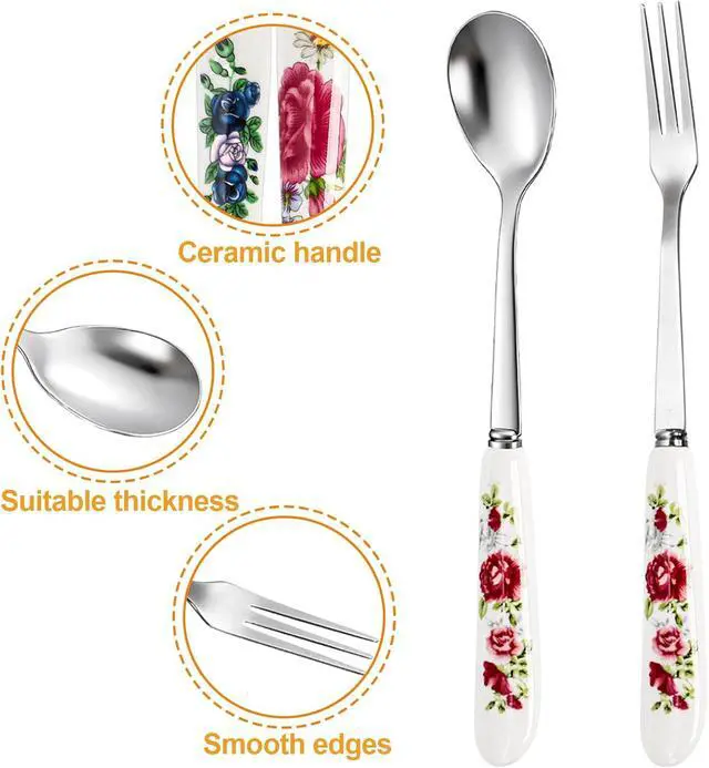 Alt view image 4 of 7 - Nicunom 20 Pcs Dessert Forks and Spoons Silverware Set, Stainless Steel Mini Fork Spoon with Ceramic Handle, Floral Design Tea Coffee Spoon Cake Fruit Fork for Dessert, Appetizers, Salad