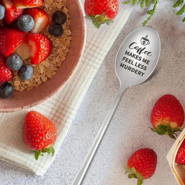 Alt view image 3 of 6 - Funny Coffee Spoon Gift for Women Men, Birthday Christmas Gifts for Coffee Lover Friend Coworker Colleague Boss, Engraved Stainless Steel Spoon, Coffee Makes Me Feel Less Murdery
