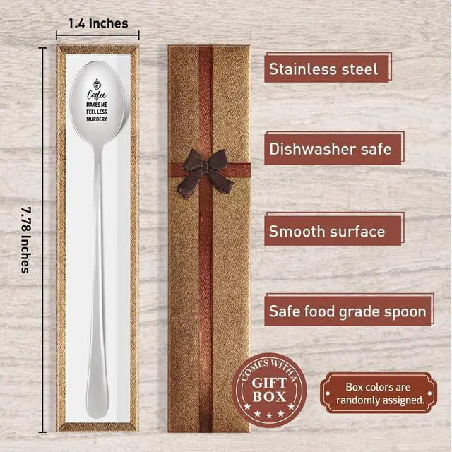 Alt view image 2 of 6 - Funny Coffee Spoon Gift for Women Men, Birthday Christmas Gifts for Coffee Lover Friend Coworker Colleague Boss, Engraved Stainless Steel Spoon, Coffee Makes Me Feel Less Murdery