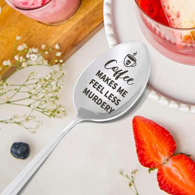 Alt view image 5 of 6 - Funny Coffee Spoon Gift for Women Men, Birthday Christmas Gifts for Coffee Lover Friend Coworker Colleague Boss, Engraved Stainless Steel Spoon, Coffee Makes Me Feel Less Murdery