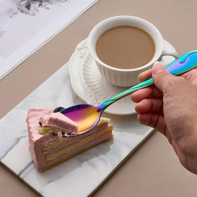 Alt view image 3 of 6 - Rainbow Dessert Spoons, Seeshine 6.5-inch Stainless Steel Shiny Rainbow Teaspoon, Espresso Coffee Spoon, Tea Spoons Silverware, Set of 6