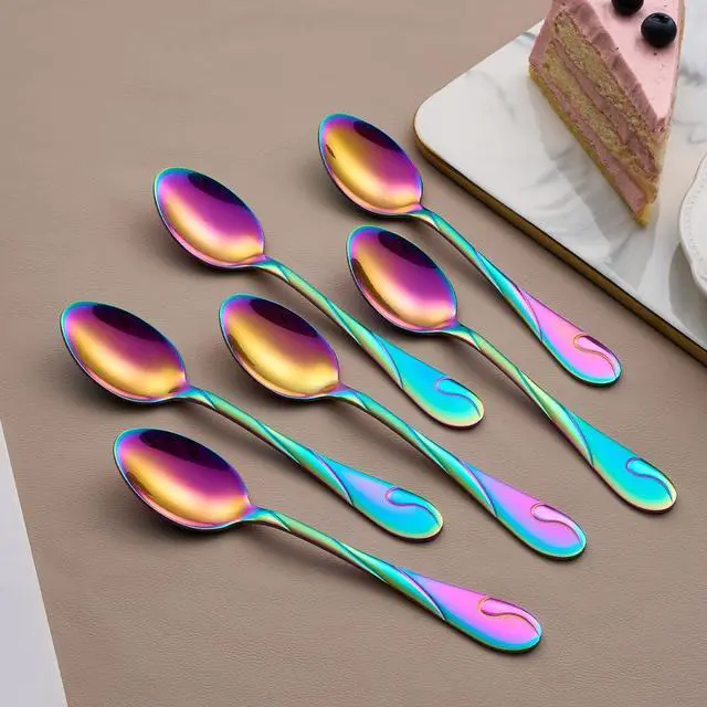 Alt view image 4 of 6 - Rainbow Dessert Spoons, Seeshine 6.5-inch Stainless Steel Shiny Rainbow Teaspoon, Espresso Coffee Spoon, Tea Spoons Silverware, Set of 6