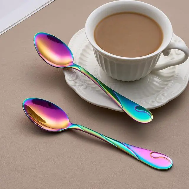 Alt view image 5 of 6 - Rainbow Dessert Spoons, Seeshine 6.5-inch Stainless Steel Shiny Rainbow Teaspoon, Espresso Coffee Spoon, Tea Spoons Silverware, Set of 6