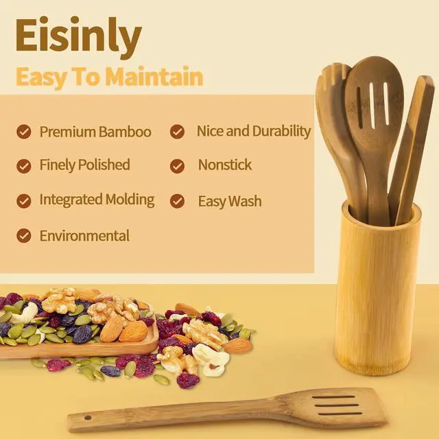 Alt view image 4 of 7 - Eisinly 7-Piece Wooden Cooking Spoons,Durable Carbonized Bamboo Utensil Set | Carbonized Bamboo, Heat-Treated for Durability, Resists Moisture and Warping Better than Regular Bamboo, Lasts for Years