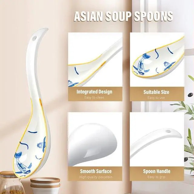 Alt view image 5 of 7 - IQCWOOD Ceramic Spoons, 6.3" Asian Chinese Soup Spoon, 4Pcs | Rice Spoons, Deep Soup Bowl, Easy to Hold, Fine Glaze, for Ramen, Pho, Miso Soup & Wontons, Dishwasher Safe