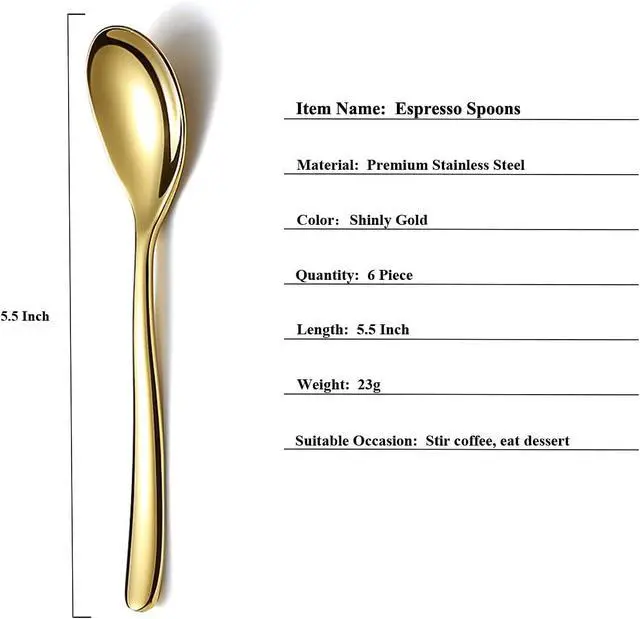 Alt view image 2 of 7 - Gold Demitasse Espresso Spoons, 5.5'' Mini Coffee Spoons, Set of 6, Stainless Steel, Dishwasher Safe