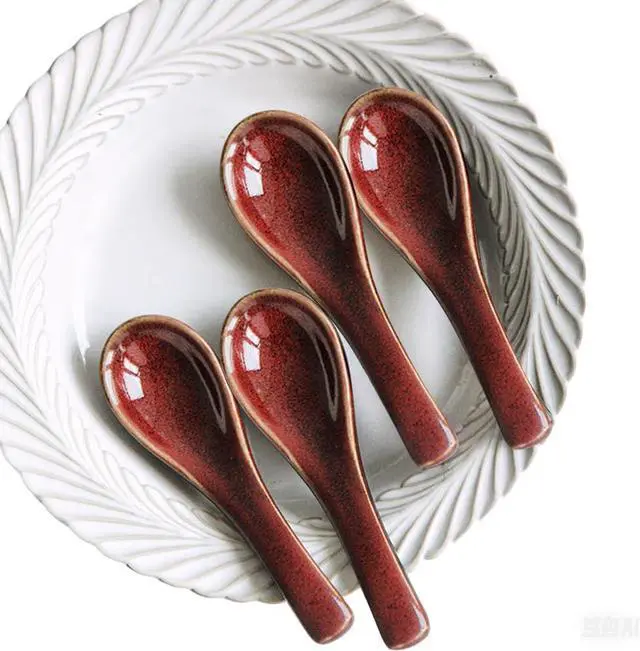 Main image of 5.5-Inch Asian Soup Spoons, Non-Slip Bottom, Red Ceramic Soup Spoons for Pho, Ramen, Chinese,Vietnamese Wonton, Dumplings and Korean Soups, Set of 4