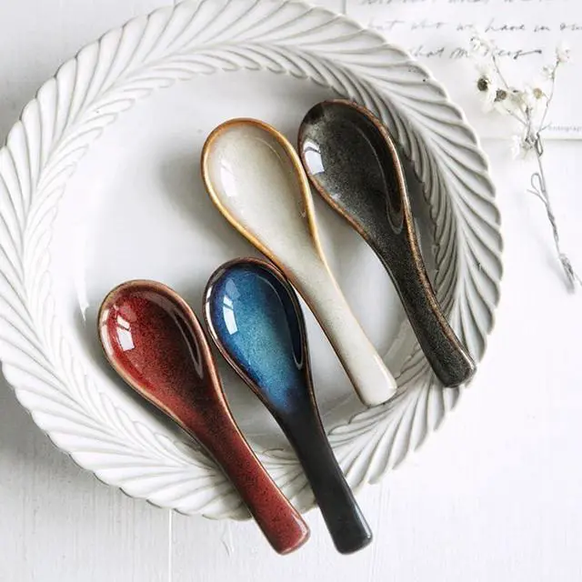 Alt view image 3 of 6 - 5.5-Inch Asian Soup Spoons, Non-Slip Bottom, Red Ceramic Soup Spoons for Pho, Ramen, Chinese,Vietnamese Wonton, Dumplings and Korean Soups, Set of 4