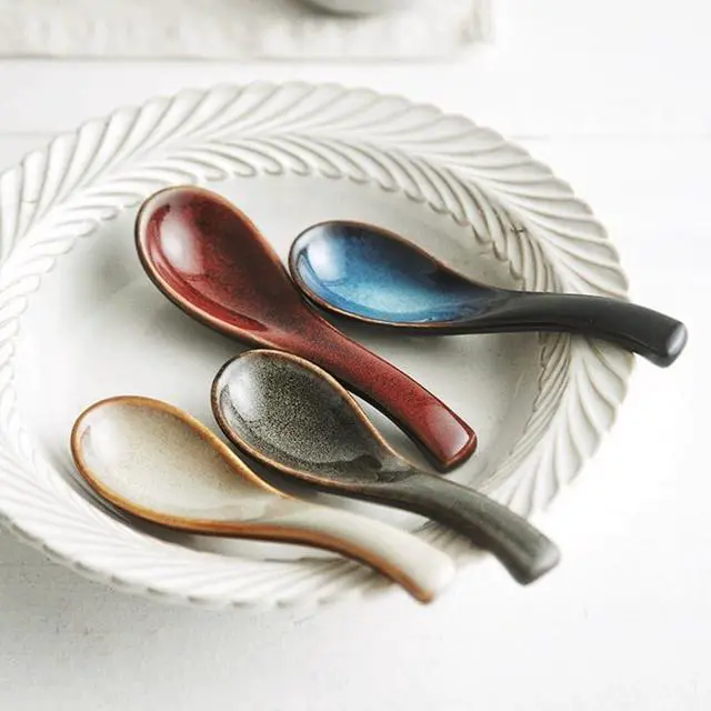 Alt view image 6 of 6 - 5.5-Inch Asian Soup Spoons, Non-Slip Bottom, Red Ceramic Soup Spoons for Pho, Ramen, Chinese,Vietnamese Wonton, Dumplings and Korean Soups, Set of 4