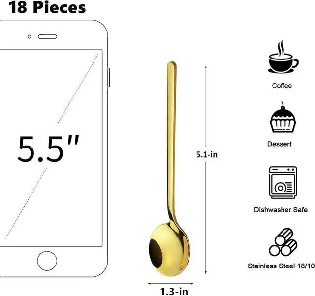 Alt view image 2 of 5 - 10 Pack Espresso spoons 18/10 Stainless Steel Teaspoons Set for Coffee Sugar Dessert Cake Ice Cream Soup Antipasto Cappuccino, 5.3 Inch Gold