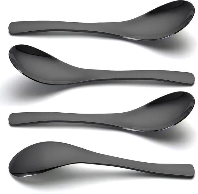 Main image of Asian Soup Spoon, Set of 4, 6 Inch Black Stainless Steel Utensil for Pho, Noodles, Ramen, Stews, Heavy Duty & Easy to Clean