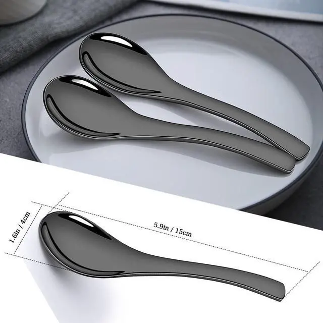 Alt view image 2 of 7 - Asian Soup Spoon, Set of 4, 6 Inch Black Stainless Steel Utensil for Pho, Noodles, Ramen, Stews, Heavy Duty & Easy to Clean
