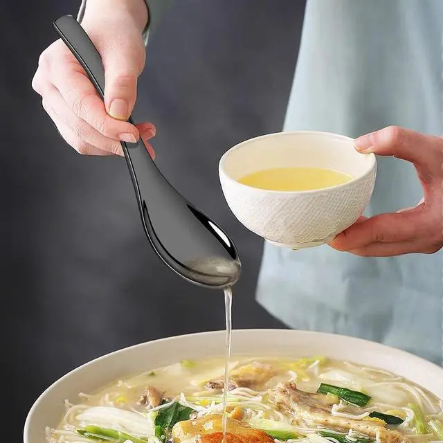 Alt view image 4 of 7 - Asian Soup Spoon, Set of 4, 6 Inch Black Stainless Steel Utensil for Pho, Noodles, Ramen, Stews, Heavy Duty & Easy to Clean