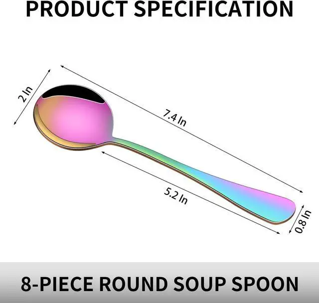 Alt view image 2 of 6 - 8-Piece Rainbow Soup Spoons Set, 7.4 Inch Colorful Stainless Steel Silverware Round Spoon Set, Mirror Polished Iridescent Metal Spoons for Cereal & Dessert