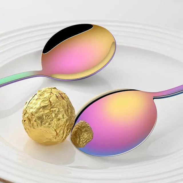 Alt view image 3 of 6 - 8-Piece Rainbow Soup Spoons Set, 7.4 Inch Colorful Stainless Steel Silverware Round Spoon Set, Mirror Polished Iridescent Metal Spoons for Cereal & Dessert