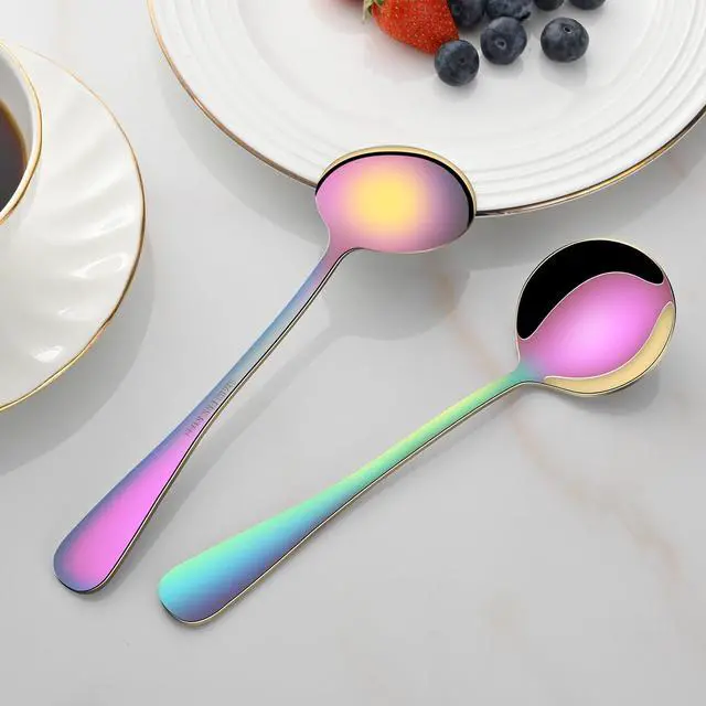 Alt view image 4 of 6 - 8-Piece Rainbow Soup Spoons Set, 7.4 Inch Colorful Stainless Steel Silverware Round Spoon Set, Mirror Polished Iridescent Metal Spoons for Cereal & Dessert