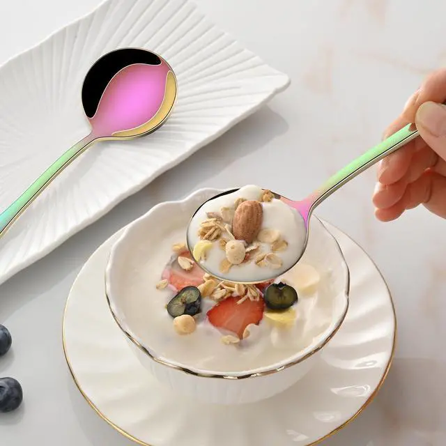 Alt view image 5 of 6 - 8-Piece Rainbow Soup Spoons Set, 7.4 Inch Colorful Stainless Steel Silverware Round Spoon Set, Mirror Polished Iridescent Metal Spoons for Cereal & Dessert