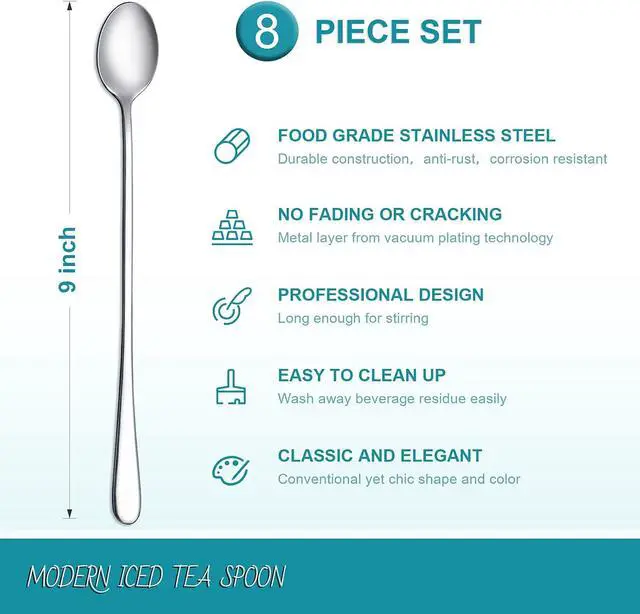 Alt view image 2 of 7 - Hiware 8-Piece 9-Inch Long Handle Iced Tea Spoon, Coffee Spoon, Ice Cream Spoons, Stainless Steel Cocktail Stirring Spoons