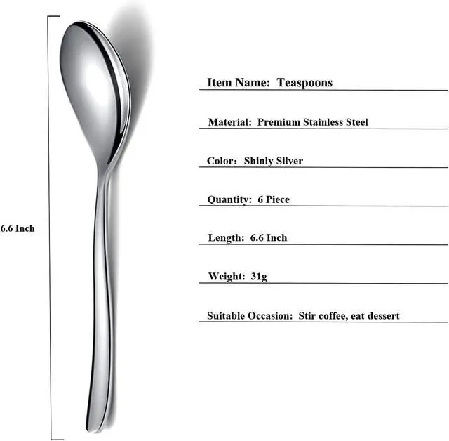 Alt view image 2 of 7 - Teaspoons, 6 Piece Spoons Silverware, Stainless Steel Small Spoons, Tea Spoons for Home, Kitchen or Restaurant, Dishwasher Safe (Silver-6.6 Inches)