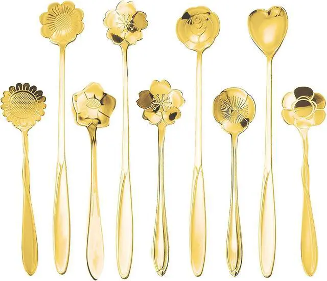 Main image of 9 Pcs Flower Spoon Coffee Teaspoon, ESRISE Stainless Steel Tea Spoon(Gold)