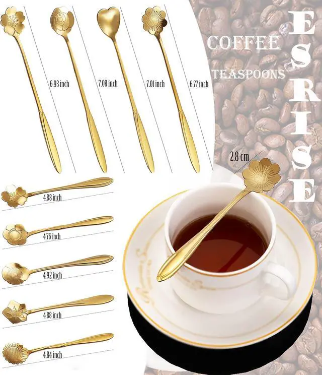 Alt view image 3 of 6 - 9 Pcs Flower Spoon Coffee Teaspoon, ESRISE Stainless Steel Tea Spoon(Gold)