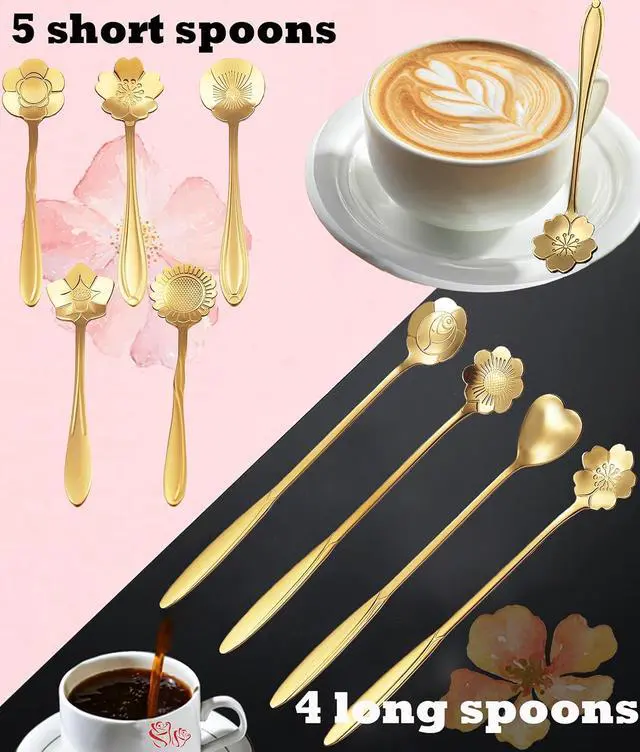 Alt view image 4 of 6 - 9 Pcs Flower Spoon Coffee Teaspoon, ESRISE Stainless Steel Tea Spoon(Gold)