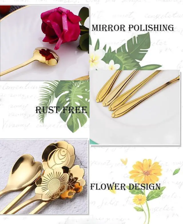 Alt view image 5 of 6 - 9 Pcs Flower Spoon Coffee Teaspoon, ESRISE Stainless Steel Tea Spoon(Gold)