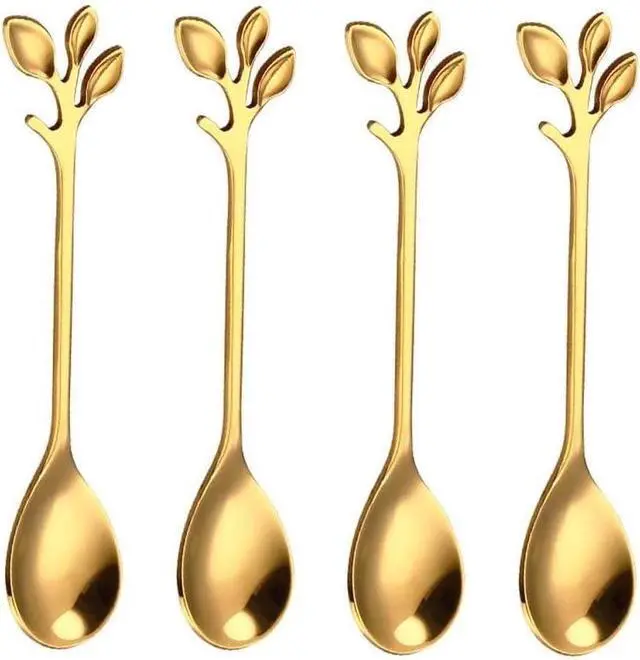 Main image of 10 Pack Stainless Steel Leaf Coffee Spoon Tableware Dessert Spoons, Stirring, Mixing, Sugar, Stir, Ice Cream, Cake, Teaspoon 4.7 inch Gold