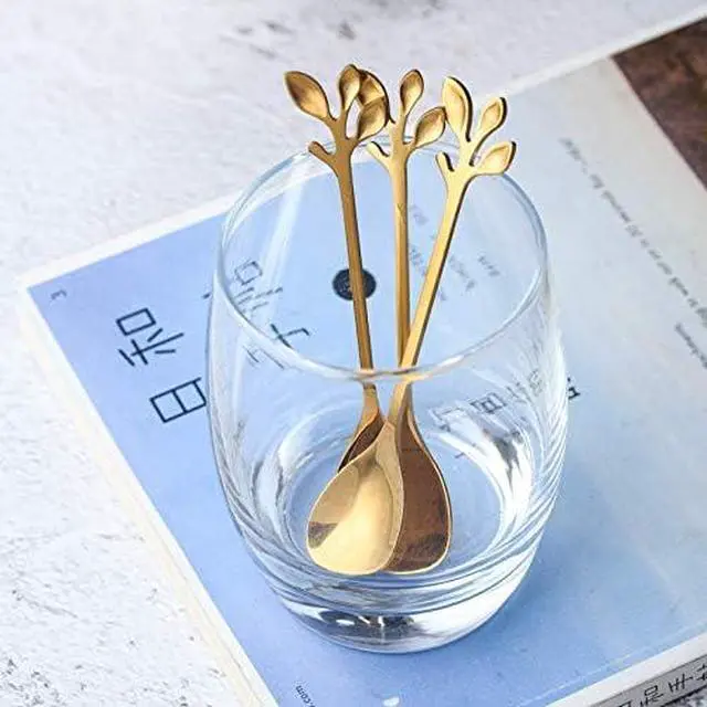 Alt view image 2 of 4 - 10 Pack Stainless Steel Leaf Coffee Spoon Tableware Dessert Spoons, Stirring, Mixing, Sugar, Stir, Ice Cream, Cake, Teaspoon 4.7 inch Gold