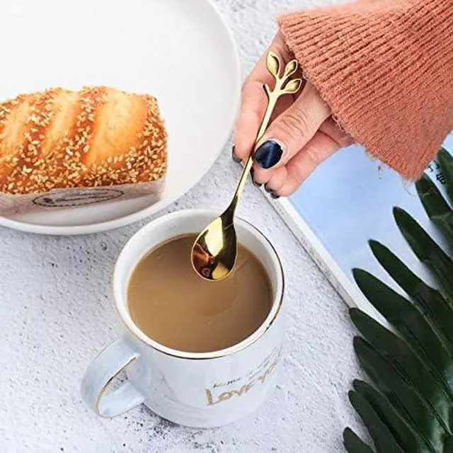Alt view image 3 of 4 - 10 Pack Stainless Steel Leaf Coffee Spoon Tableware Dessert Spoons, Stirring, Mixing, Sugar, Stir, Ice Cream, Cake, Teaspoon 4.7 inch Gold