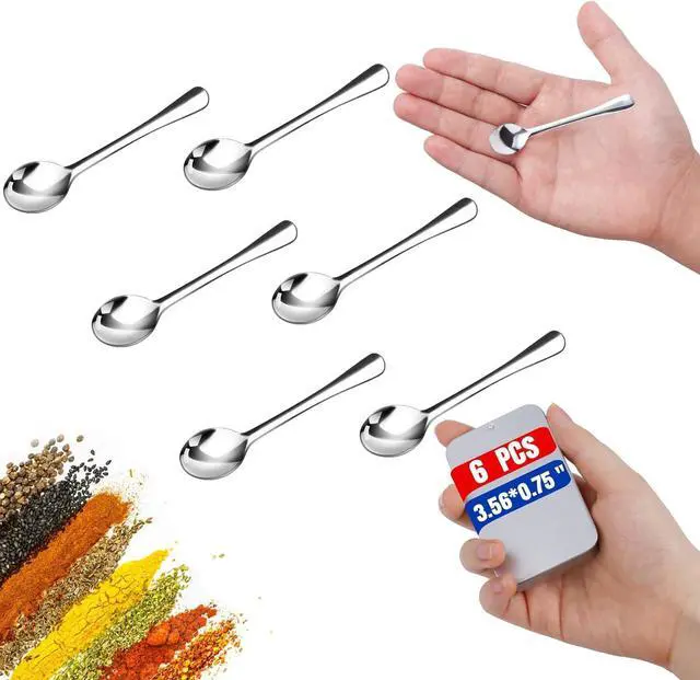 Main image of 6PCS Tiny Spoons Upgraded Larger Size 3.56 inch - Mini Stainless Steel Spoons for Salt Jars Spice Jars, SUS 304 Food Grade Seasoning Spoon for Powder Spices, Pepper, Sugar, Coffee