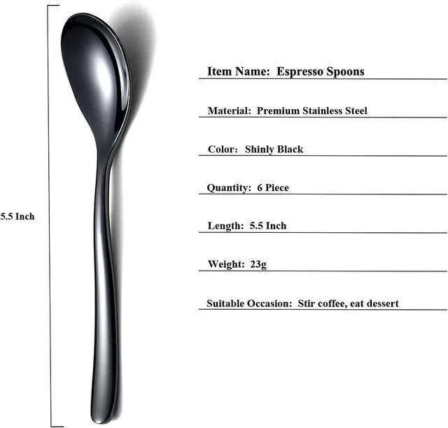 Alt view image 2 of 7 - Black Demitasse Espresso Spoons, 5.5'' Mini Coffee Spoons, Set of 6, Stainless Steel, Dishwasher Safe